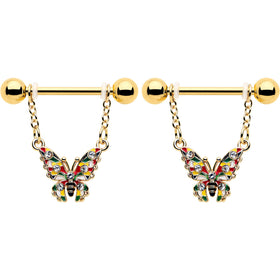 14G 9/16 Clear Gem Gold Tone Color Block Butterfly Dangle Nipple Ring Set