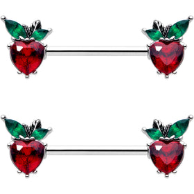 14G 9/16 Red Green Gem Strawberry Heart Barbell Nipple Ring Set