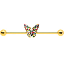 14G Clear Gem Gold Tone Color Block Butterfly Industrial Barbell 38mm