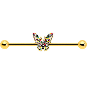 14G Clear Gem Gold Tone Color Block Butterfly Industrial Barbell 38mm