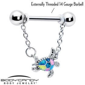 14G 9/16 Glitter Turtle Chain Dangle Nipple Ring Set