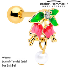 16G 1/4 Clear CZ Gem Gold Tone Bell Flower Cartilage Tragus Earring