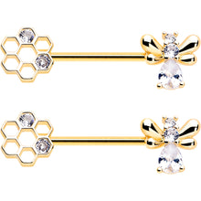 14G 9/16 Clear CZ Gem Gold Tone Bee Hive Luv Barbell Nipple Ring Set