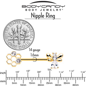 14G 9/16 Clear CZ Gem Gold Tone Bee Hive Luv Barbell Nipple Ring Set