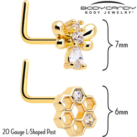 20G 7mm Clear CZ Gem Gold Tone Bee Hive Luv L Shape Nose Ring Set of 2
