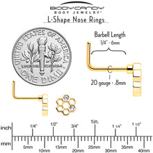 20G 7mm Clear CZ Gem Gold Tone Bee Hive Luv L Shape Nose Ring Set of 2