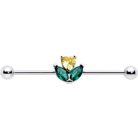 14G Yellow Green CZ Gem Love Flower Industrial Barbell 38mm