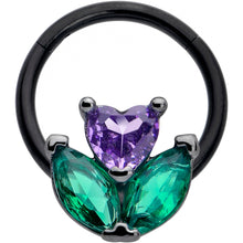 16G 3/8 Purple Green CZ Gem Black Love Flower Hinged Segment Ring