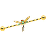 14G Green Gem Gold Tone Swank Dragonfly Dangle Industrial Barbell 38mm