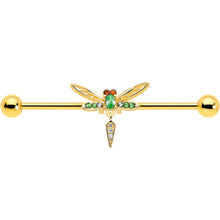 14G Green Gem Gold Tone Swank Dragonfly Dangle Industrial Barbell 38mm