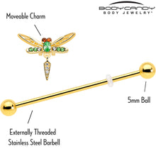 14G Green Gem Gold Tone Swank Dragonfly Dangle Industrial Barbell 38mm