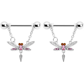 14G 9/16 Pink Gem Swank Dragonfly Dangle Nipple Ring Set