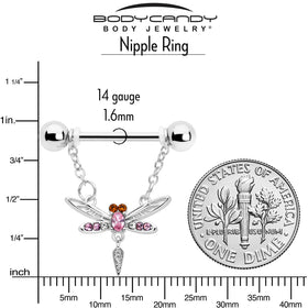 14G 9/16 Pink Gem Swank Dragonfly Dangle Nipple Ring Set