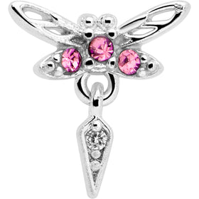 20G 7mm Pink Gem Swank Dragonfly Dangle L Shape Nose Ring