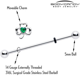 14G Green Gem Heart Shamrock St Patricks Day Industrial Barbell 38mm