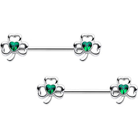 14G 3/4 Green Gem Heart Shamrock St Patricks Nipple Ring Set