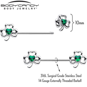 14G 3/4 Green Gem Heart Shamrock St Patricks Nipple Ring Set