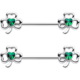 14G 3/4 Green Gem Heart Shamrock St Patricks Nipple Ring Set