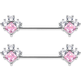 14G 9/16 Pink Clear CZ Gem Rhombus Riot Barbell Nipple Ring Set