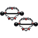 14G 9/16 Red CZ Gem Black Leafy Heart Nipple Shield Set