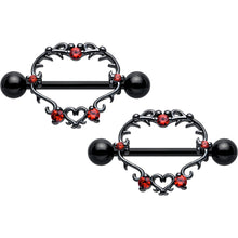 14G 9/16 Red CZ Gem Black Leafy Heart Nipple Shield Set