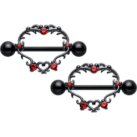 14G 9/16 Red CZ Gem Black Leafy Heart Nipple Shield Set