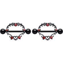 14G 9/16 Red CZ Gem Black Leafy Heart Nipple Shield Set