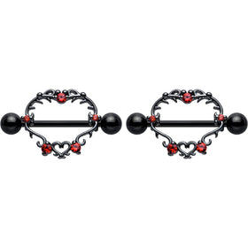 14G 9/16 Red CZ Gem Black Leafy Heart Nipple Shield Set
