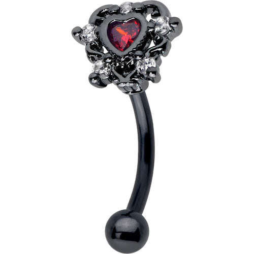16G 5/16 Red CZ Gem Black Double Heart Curved Eyebrow Ring