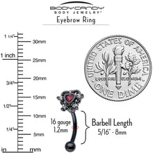 16G 5/16 Red CZ Gem Black Double Heart Curved Eyebrow Ring