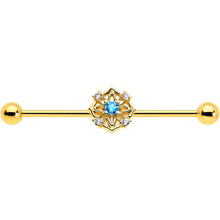 14G Blue CZ Gem Gold Tone Flower Ring Industrial Barbell 38mm
