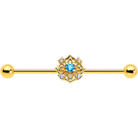 14G Blue CZ Gem Gold Tone Flower Ring Industrial Barbell 38mm