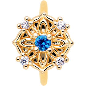 20G 5/16 Blue CZ Gem Gold Tone Flower Ring Nose Hoop