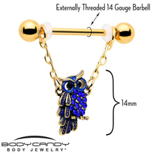 14G 9/16 Blue Gem Gold Tone Sky Owl Chain Dangle Nipple Ring Set