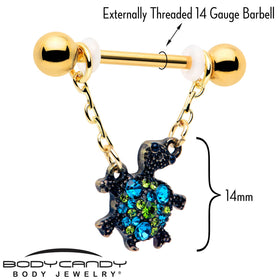 14G 9/16 Blue Gem Gold Hue Sweet Sea Turtle Dangle Nipple Ring Set