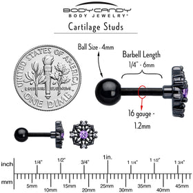 16G 1/4 Purple CZ Gem Black Flower Ring Cartilage Tragus Earring