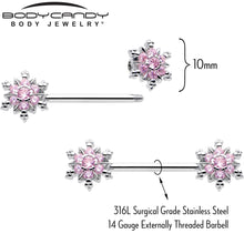 14G 9/16 Pink CZ Gem Snowflake Glam Barbell Nipple Ring Set