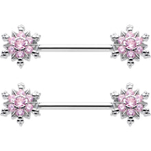 14G 9/16 Pink CZ Gem Snowflake Glam Barbell Nipple Ring Set