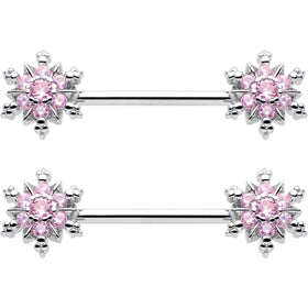 14G 9/16 Pink CZ Gem Snowflake Glam Barbell Nipple Ring Set