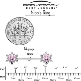 14G 9/16 Pink CZ Gem Snowflake Glam Barbell Nipple Ring Set