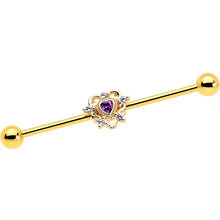 14G Purple CZ Gem Gold Tone Heart of Love Industrial Barbell 38mm