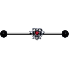 14G Red CZ Gem Black Double Heart Industrial Barbell 38mm