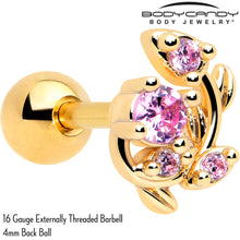 16G 1/4 Pink Gem Gold Tone Twining Vine Cartilage Tragus Earring