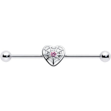 14G Pink Gem Spiderweb Heart Love Industrial Barbell 38mm