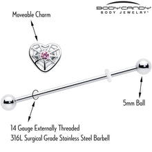 14G Pink Gem Spiderweb Heart Love Industrial Barbell 38mm