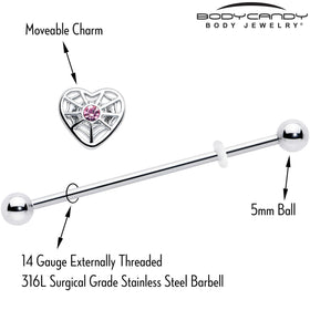 14G Pink Gem Spiderweb Heart Love Industrial Barbell 38mm