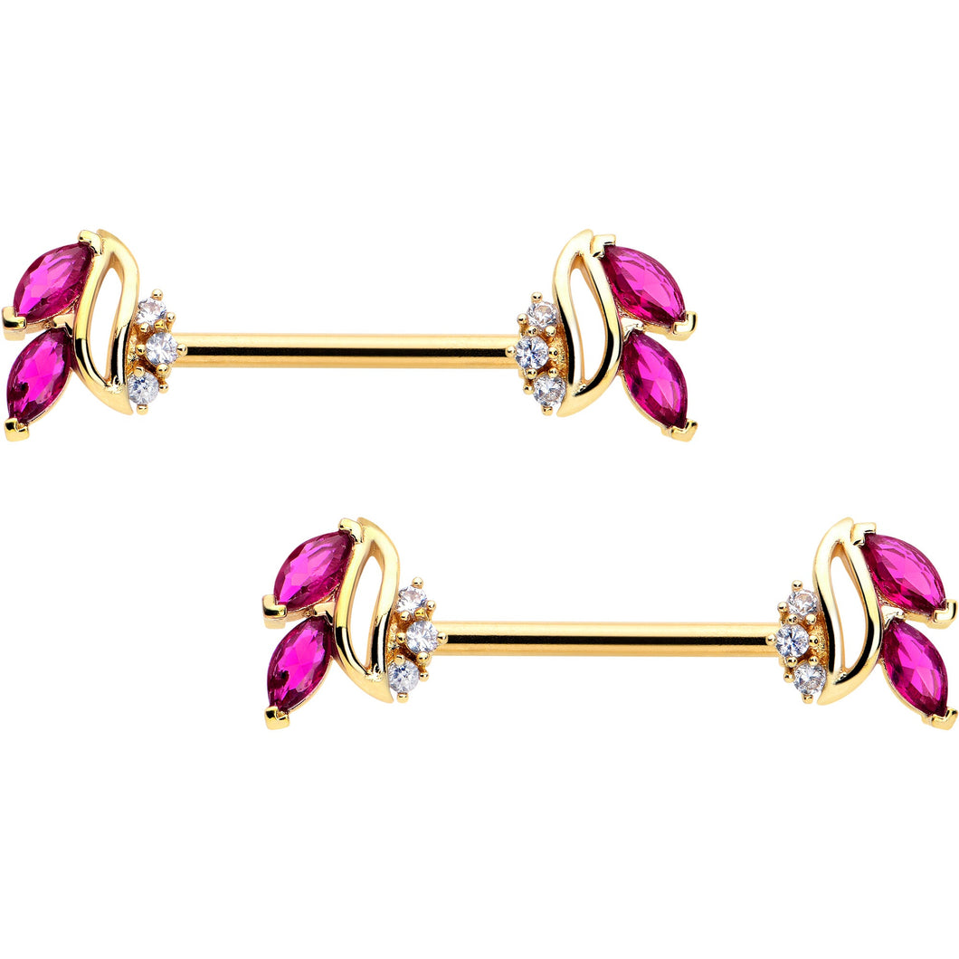14G 9/16 Red CZ Gem Gold Tone Swirl Fan Barbell Nipple Ring Set