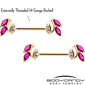14G 9/16 Red CZ Gem Gold Tone Swirl Fan Barbell Nipple Ring Set