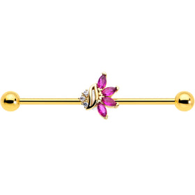 14G Red CZ Gem Gold Tone Swirl Fan Industrial Barbell 38mm