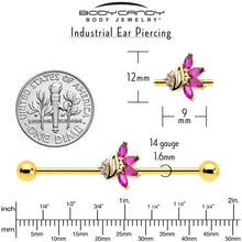 14G Red CZ Gem Gold Tone Swirl Fan Industrial Barbell 38mm